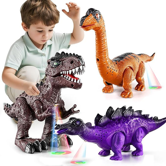 Lucky Doug 3 Pack Electric Realistic Dinosaur Toys with Simulated Sounds ＆ Lights for Boys Kids Aged 3 4 5 Years Old - Perfect Jurassic Tyrannosaurus Rex Gift for Birthday 3-5 Years