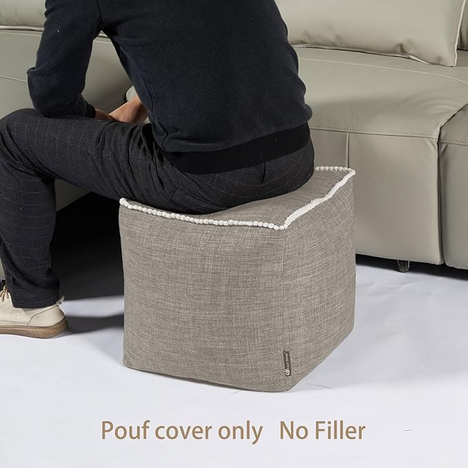 Louis Donné Unstuffed Pouf Ottoman Cover Footstool Square Poofy Ottomans for Storage Foot Rest Floor Cushion Cotton Fabric Decorative for Replacement with Pom Trim Lace 45x45(Only Cover)