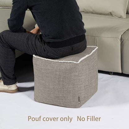 Louis Donné Unstuffed Pouf Ottoman Cover Footstool Square Poofy Ottomans for Storage Foot Rest Floor Cushion Cotton Fabric Decorative for Replacement with Pom Trim Lace 45x45(Only Cover)