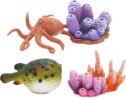 Gemini&Genius Pufferfish and Octopus Toys for Kids, Sea Animals Action Figure Set, Pufferfish and Octopus Hard Plastic Figurines, Sea Life Educational Gifts, Play&Display, Collection Models for Kids