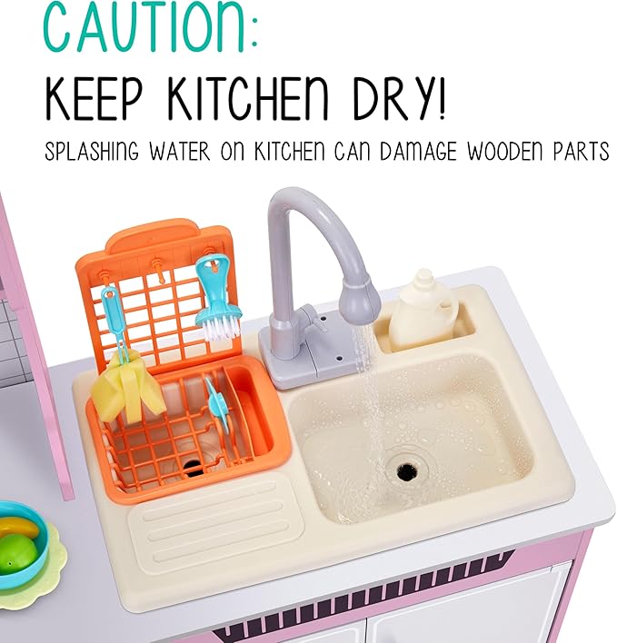 Lil' Jumbl Kids Wooden Pink Color Kitchen Set, Pretend Working Sink with Real Running Water, Includes Range Hood, Microwave & Stove Top That Make Realistic Sound & Light, Full Accessory Set Included