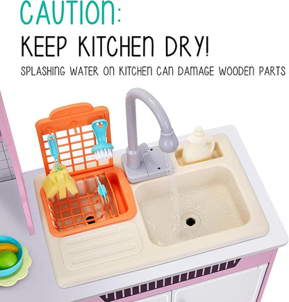 Lil' Jumbl Kids Wooden Pink Color Kitchen Set, Pretend Working Sink with Real Running Water, Includes Range Hood, Microwave & Stove Top That Make Realistic Sound & Light, Full Accessory Set Included