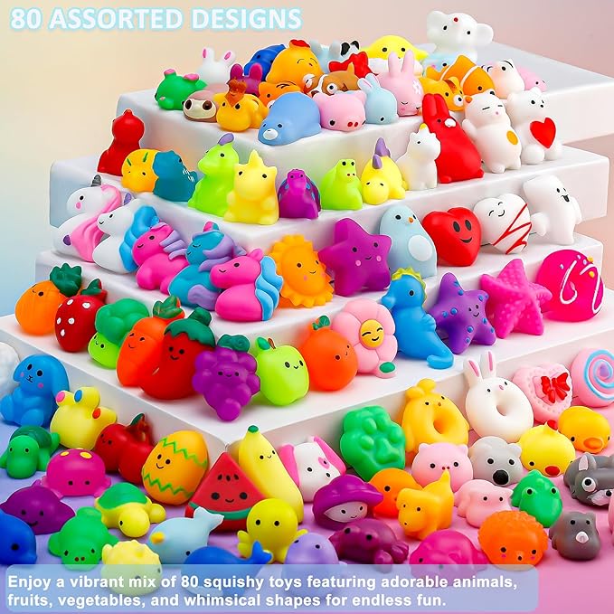 80 Pack Mochi Squishy Toys, Party Favors for Kids 4-8-12,Birthday Gifts Treasure Box Classroom Prizes Goodie Bag Stuffers, Mini Squishy Fidget Toys, Carnival Prizes in Bulk