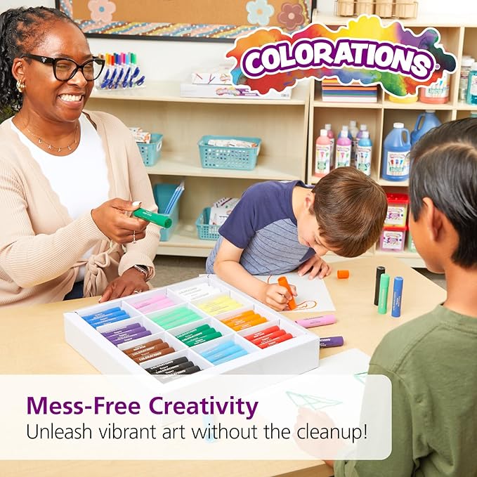 Colorations Tempera Paint Sticks, 144 Pcs, 12 Colors, Non-Toxic, Mess-Free Art Supplies for Kids, Bulk Set for the Classroom