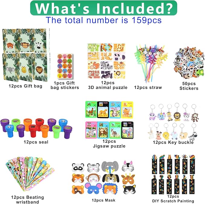158PCS Jungle Safari Party Favors Set – Wild Animals Goodie Bag Stuffers, Masks, Straws, Stamps, Keychains, Gift Bags, Assembly Toys for Kids Birthday Party, Boys & Girls Party Favors