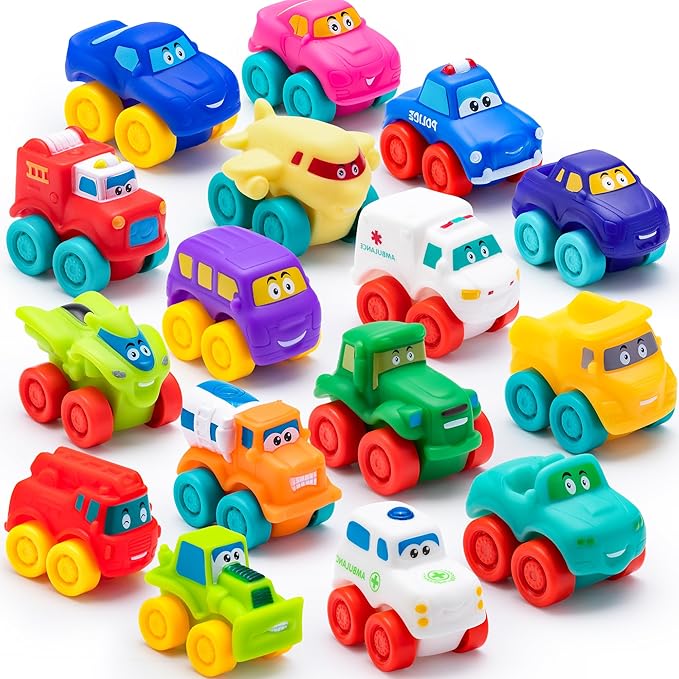 JOYIN Cartoon Cars, Soft Rubber Toy Car Set, Mini Vehicles, Bath Toy Car for Toddlers, Gift for Boys and Girls Christmas Birthday, Summer Beach and Pool Activity, Party Favors for Kids