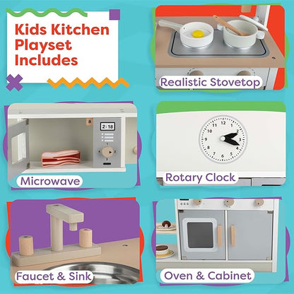 Hey! Play! Kids Kitchen Playset - Play Kitchen with Toy Microwave, Sink, Stovetop, Roaster, Utensils and Play Food - Wooden Play Kitchen for Toddlers