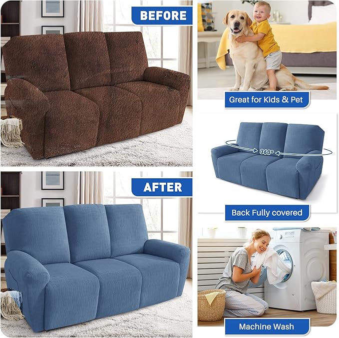 MAXIJIN Waterproof Recliner Couch Cover 5 Pieces Recliner Sofa Covers 3 Seater, Reclining Couch Furniture Protector with Elastic Straps & Pockets for Pet, Kids (Sofa Recliner, Dusty Blue)