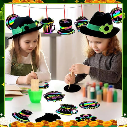 JULMELON 36 PCS St Patricks Day Scratch Art for Kids, St. Patrick’s Day Crafts for Kids Rainbow Color Magic Scratch Paper Cards Shamrock Hanging Ornaments DIY Crafts Decorations Party Favors