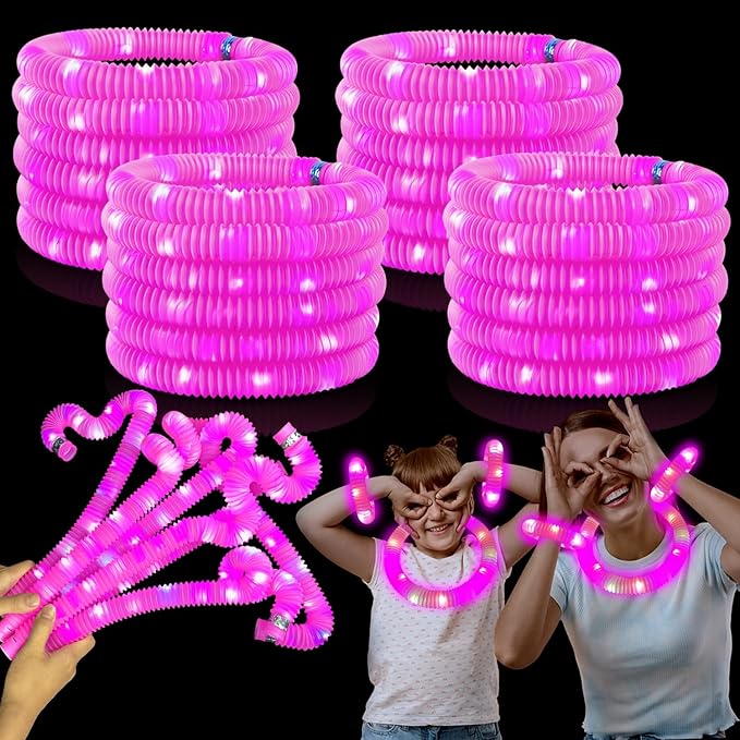 24 PCS Pink Glow Sticks Valentines Day Party Favors for Kids,LED Light up Pop Tubes for Toddlers, Neon Necklaces Bracelets Accessories,Glow Birthday Dance Wedding Mardi Gras Party Supplies Decorations