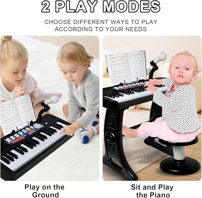 Love&Mini Piano Toy for Kids - 37 Keys Piano Keyboard Toy with Stool and Microphone, Black Electronic Musical Instrument Birthday Gift for Kids 3 4 5 6 7 8 Years Old Boys and Girls