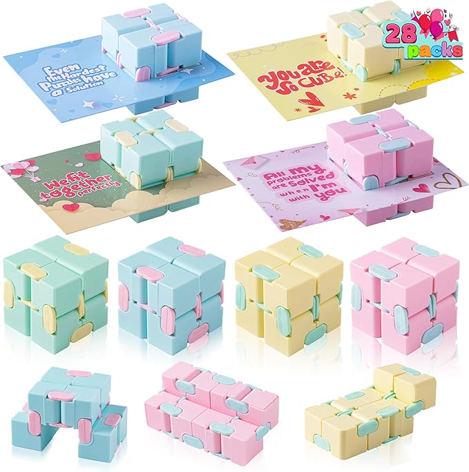 JOYIN 28 Packs Valentine’s Day Gift Cards with Infinity Magic Toys, Colorful Hand-Held Flip Toys, Stress Relief Fidget Toys for Kids Valentine Party Favors, Classroom Exchange and Goodie Bag Stuffers