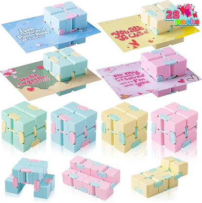 JOYIN 28 Packs Valentine’s Day Gift Cards with Infinity Magic Toys, Colorful Hand-Held Flip Toys, Stress Relief Fidget Toys for Kids Valentine Party Favors, Classroom Exchange and Goodie Bag Stuffers