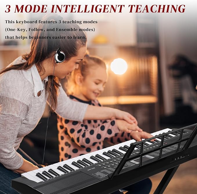 Ktaxon 61 Key Keyboard Piano Electric Keyboard, Electric Piano Set with Headphones, Microphone, Music Rest, Power Adapter, Piano Stand, Piano Bench and Manual (Compact X Stand-Black w/Lighted Keys)