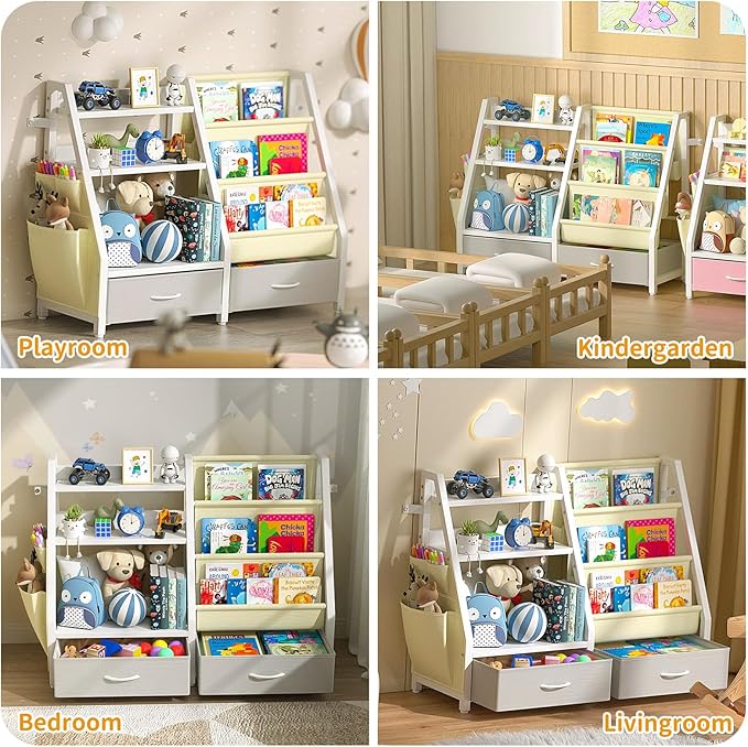 Twinkoo Kids Bookshelf and Toy Organizer, Sturdy 3 Tier Kid Bookcase, Sling Bookshelf and 2 Toy Bins, Toddler Montessori Book Shelf with Toy Storage Organizer for Children Room, Playroom, Nursery