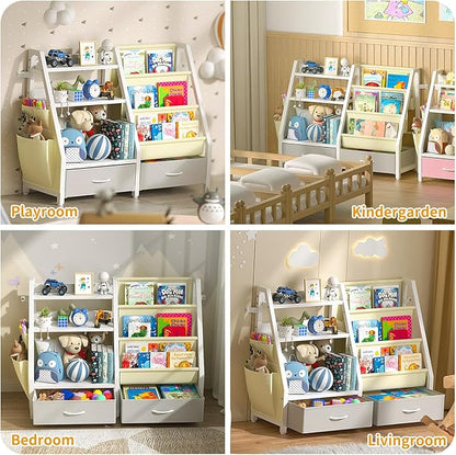 Twinkoo Kids Bookshelf and Toy Organizer, Sturdy 3 Tier Kid Bookcase, Sling Bookshelf and 2 Toy Bins, Toddler Montessori Book Shelf with Toy Storage Organizer for Children Room, Playroom, Nursery