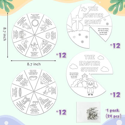COcnny 24 Sets The Easter Story Craft, Color Your Own Easter Jesus Wheel for Kids, Religious Bible Coloring Cards DIY Crafts Art Game for Sunday School Christian Classroom Home Activities VBS Supplies