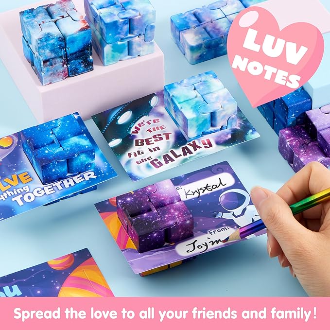 JOYIN 28 Packs Valentine’s Day Gift Cards with Infinity Magic Toys, Cosmic Hand-Held Flip, Stress Relief Fidget Toys for Kids Valentine's Party Favors, Classroom Exchange and Goodie Bag Stuffers