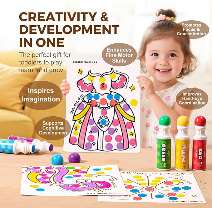 Jar Melo Washable Dot Markers for Toddlers, 8 Colors Dot Paints with 120 Printed PDF & 10 Activity Papers, Non-Toxic Bingo Markers for Kids Arts and Crafts Gifts