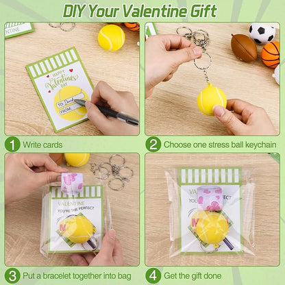 Valentines Gifts for Kids,24Pack Valentines Day Cards for Kids School with Stress Ball Keychain for Valentines Sports Party Favors Kids Classroom Prize Gift Exchange Class Valentines