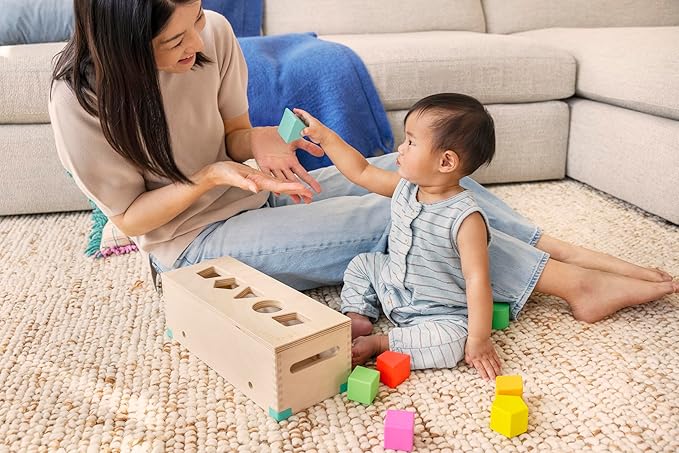 LOVEVERY | The Block Set | Solid Wood Building Blocks and Shapes + Wooden Storage Box, 70 Pieces, 18 Colors, 20+ Activities, Toddler Block Set and Converts into a Pull Car, Ages 12 to 48+ months
