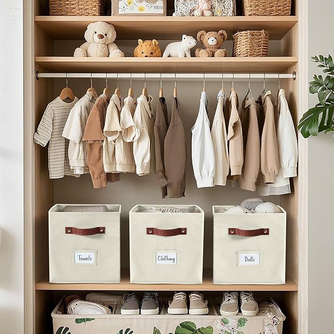 DECOMOMO Storage Cubes, 13x13x13 Storage Cube Bins with Labels, Fabric Organizer Bins (13" / 6pcs, Beige)