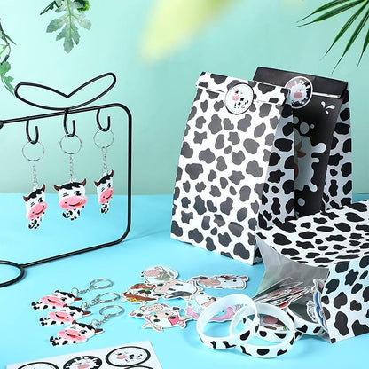 Cow Party Favors Supplies Include Cow Silicone Bracelets Cow Keychain Cow Party Present Bags and Waterproof Cow Stickers for Baby Shower Return Present Farm Animal Birthday (Novel Style, 104 Pieces)
