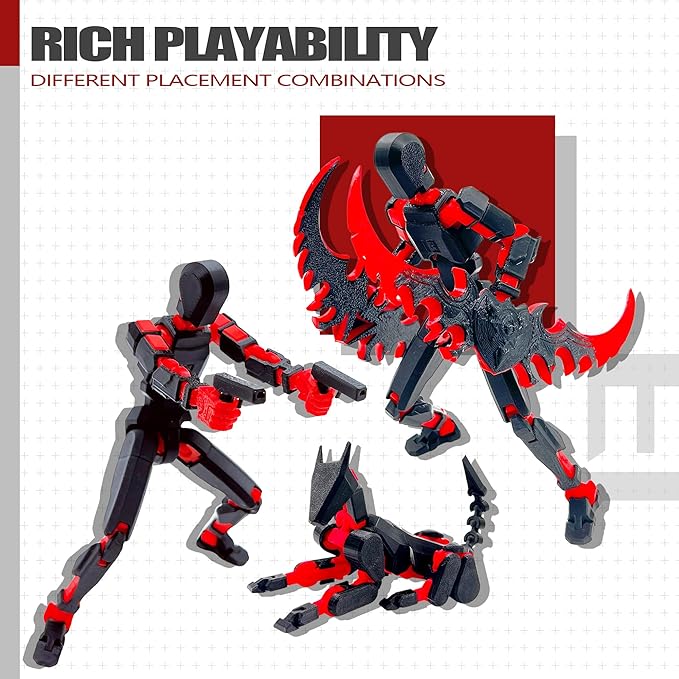 (Assembly Completed) T13 3D Action Figure Set,Dummy Robo Titan 13 Action Figures,3D Printed Multi-Jointed Toy (Black Red + Dog)