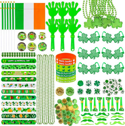 Garma 238 PCS St Patricks Day Decorations Set Glasses Bracelets Coins Necklaces Flags Tattoos Brooches Fake Beards Party Blowers Hand Clappers Saint Patricks Day Party Favors Accessories Supplies