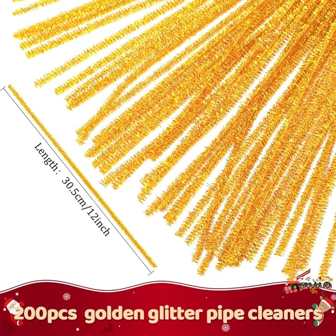 Praisebank Pipe Cleaners for Crafts (200pcs in Golden Glitter), Glitter Pipe Cleaners, 12 inch Long Pipe Cleaners, Christmas Pipe Cleaners.