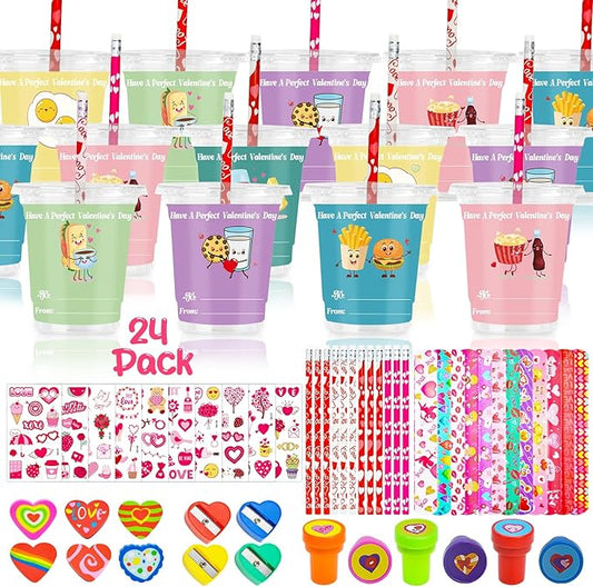 Valentines Day Gifts for Kids, 24 Packs Bulk Stationery Gift for School 192 Pcs Include Cards Pencil Cup Slap Bracelet Eraser Cup Stampers Valentine's Day Classroom Exchange Gifts Party Favors Toys