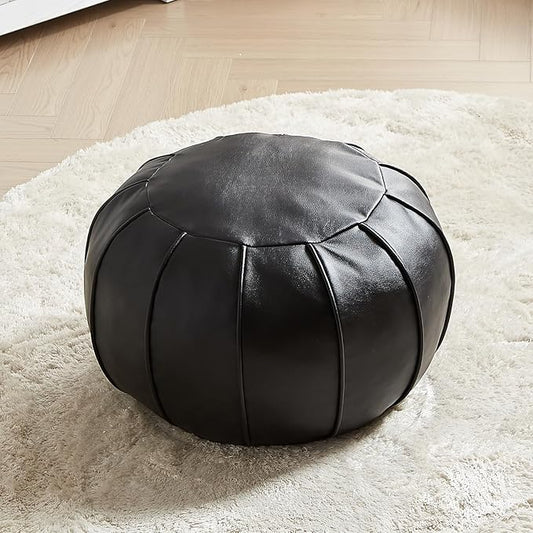 Louis Donné Unstuffed Ottoman Pouf Cover, Supersoft Handmade Faux Moroccan Decor, Small Bean Bag for Storage Solution, Foot Stool for Foot Rest, Footstools for Balcony Office Indoor 21dia Black