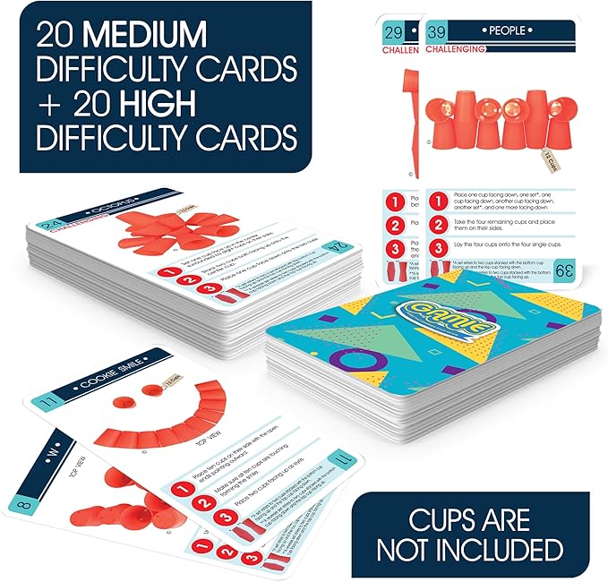 Gamie Challenge Cards for Stacking Cups Game - 40 Additional Cards with Instructions - 20 Medium and 20 High Difficulty Cards for Next Level Fun - Stacking Cups Sold Separately