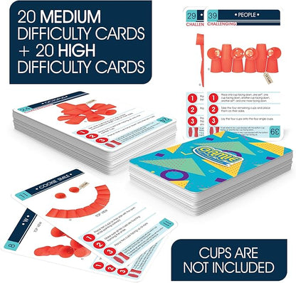 Gamie Challenge Cards for Stacking Cups Game - 40 Additional Cards with Instructions - 20 Medium and 20 High Difficulty Cards for Next Level Fun - Stacking Cups Sold Separately