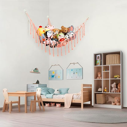 Boho Stuffed Animals Net or Hammock Large,55 inch Toy Hammock Macrame Stuff Animal Storage Corner Hanging Net Holder,Mesh Hammock Plush Toy Organizer with Hooks for Bedroom,Nursery (Deep Pink)