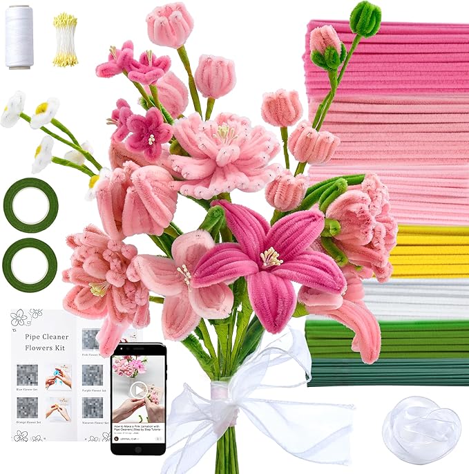 LENYNAL 500 Pcs Pastel Pipe Cleaners Craft Bulk, Pink Pipe Cleaner Flower Kit, Glue-Free & Safe for Kids, Step-by-Step Tutorial, 6 Colors Chenille Stems for Flower Making