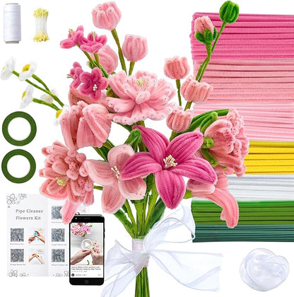 LENYNAL 500 Pcs Pastel Pipe Cleaners Craft Bulk, Pink Pipe Cleaner Flower Kit, Glue-Free & Safe for Kids, Step-by-Step Tutorial, 6 Colors Chenille Stems for Flower Making