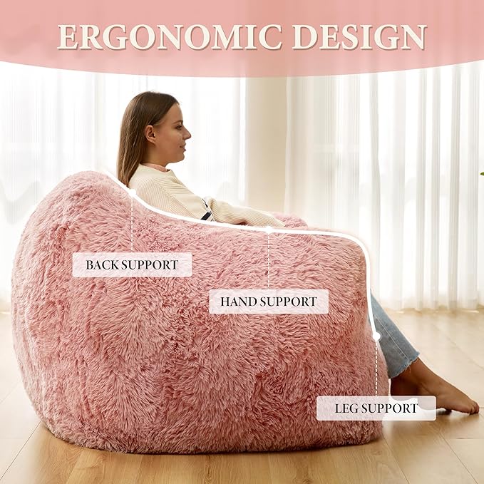 Homguava Giant Bean Bag Chair for Adults,Large Bean Bag Sofa with Armrests & Stuffed Memory Foam,Big BeanBags with Filler,Plush Bean Bag Couch Comfy Lazy Sofa Chair for Bedroom,Living Room(Large,Pink)