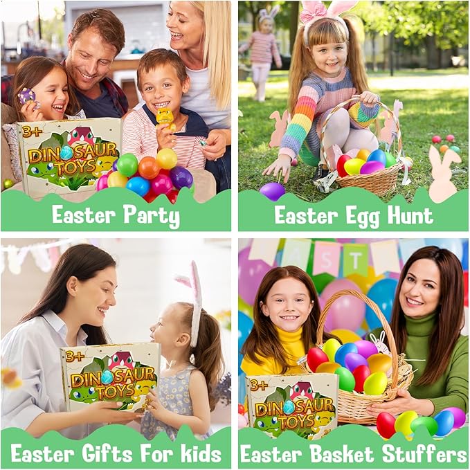 24 Pack Filled Easter Eggs for Kids Prefilled Egg Fillers Squishy Toys Stuffed Easters Gifts Basket Stuffers for Kids Girls Toddlers Boys Easters Egg Hunt Party Favors Dinosaur (Easter Dinosaur)