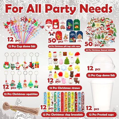 Shappy 160 Pcs Christmas Party Favors Prizes Gift Bulk, Assortment Toys Plastic Cups with Lids Mini Christmas Squeeze Slap Bracelets Straws Sticker Gift Tags and Keychains Xmas Goodie Bags for Kids