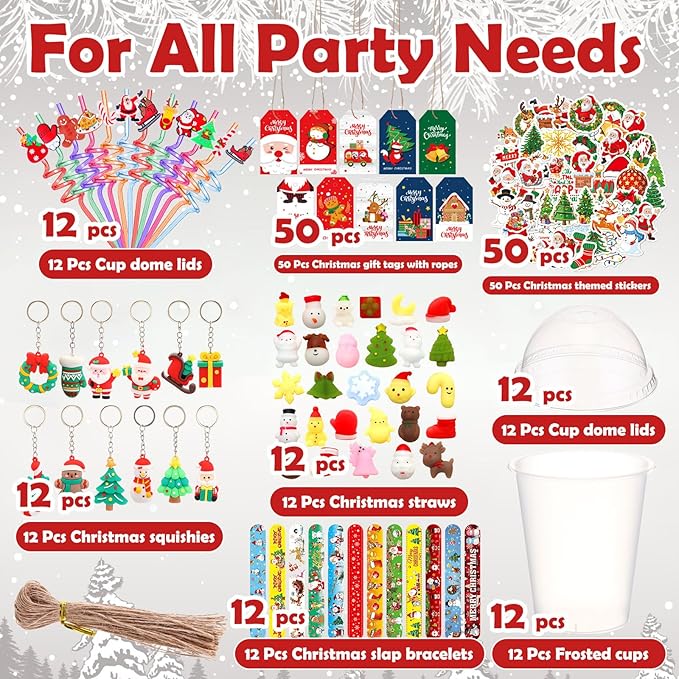 Shappy 160 Pcs Christmas Party Favors Prizes Gift Bulk, Assortment Toys Plastic Cups with Lids Mini Christmas Squeeze Slap Bracelets Straws Sticker Gift Tags and Keychains Xmas Goodie Bags for Kids