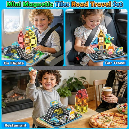 Mini Magnetic Tiles Road Travel Essentials Set — Portable STEM Sensory Magnetic Building Blocks for Toddlers & Preschool, Compact Travel Toys for 3+ Boys & Girls, Easter Birthday Gift