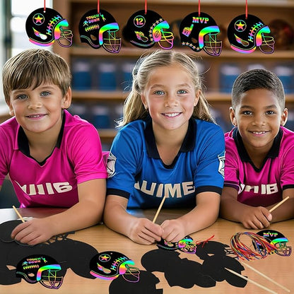 JULMELON 36 PCS Football Crafts for Kids, Rainbow Scratch Paper Art for Kids Football Party Favors Football Helmet Scratch Off Cards for Football Themed Birthday Party Supplies School Activities