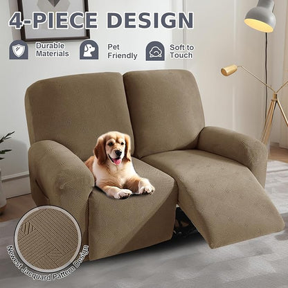 JIVINER Loveseat Recliner Covers, Jacquard 4 Piece Recliner Sofa Cover with Pockets Washable Lazy Boy Reclining Couch Protector with Elastic Bottom (Recliner Loveseat, Brown)
