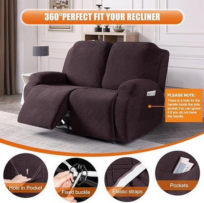 VANSOFY Recliner Cover, 2-Pieces Stretch Reclining Couch Cover with Pockets Loveseat Sofa Slipcovers Soft Washable Furniture Protector for Dogs(Chocolate)
