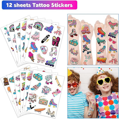Roller Skate Party Favors 98PCS Slap Bracelets, Stickers, Key Chains, Pin Badges and Temporary Tattoos for Kids Boys Girls Throwback 80s 90s Roller Skating Hip Hop Birthday Party Supplies Decorations