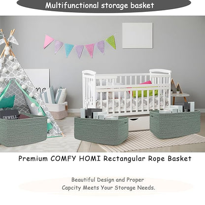 COMFY-HOMI Cotton Rope Woven Basket with Handles for Shelves,Toys,Book, Cloth Storage Baskets for Organizing-17" x 13" x 7.5" Toy Decorative Organizer for Living Room, Bathroom （Green）