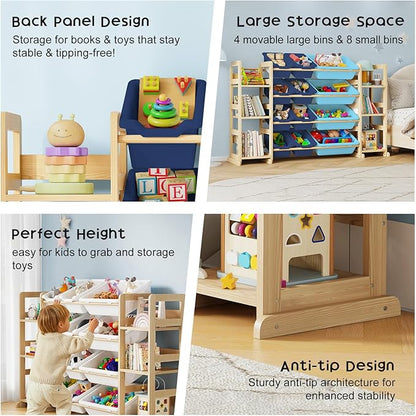 EXPERLAM Extra Large Toy Storage - Toy Storage Organizer, Wooden Toy Organizer with 6 Side Shelves and 12 Bins, 3-in-1 Bookshelf for Kids Rooms, Bedroom, Playroom, Nursery, Blue