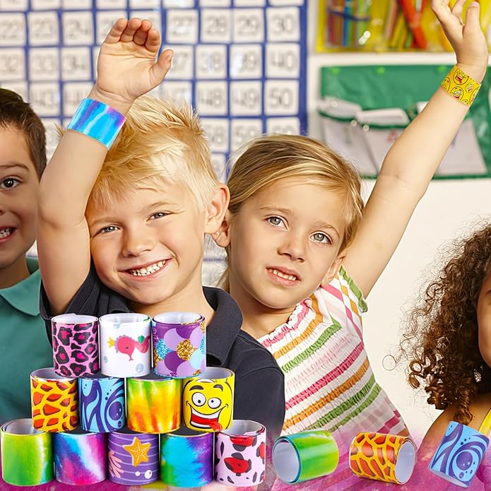 AMOR PRESENT Slap Bracelets Bulk, 48PCS Snap Bracelets for Kids Tie Dye Wrist Band Mermaid Sports for Party Favors Carnival Prizes Goodie Bags Groove Party
