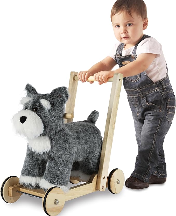 Rock My Baby Wooden Baby Walker, 2-in-1 Baby Push Walker & Ride On Toy for Toddlers 12M+, Learning to Walk Toy with Sweet Music, Soft Cuddly Dog Toy for Boys Girls (Schnauzer Dog) CPC Certified
